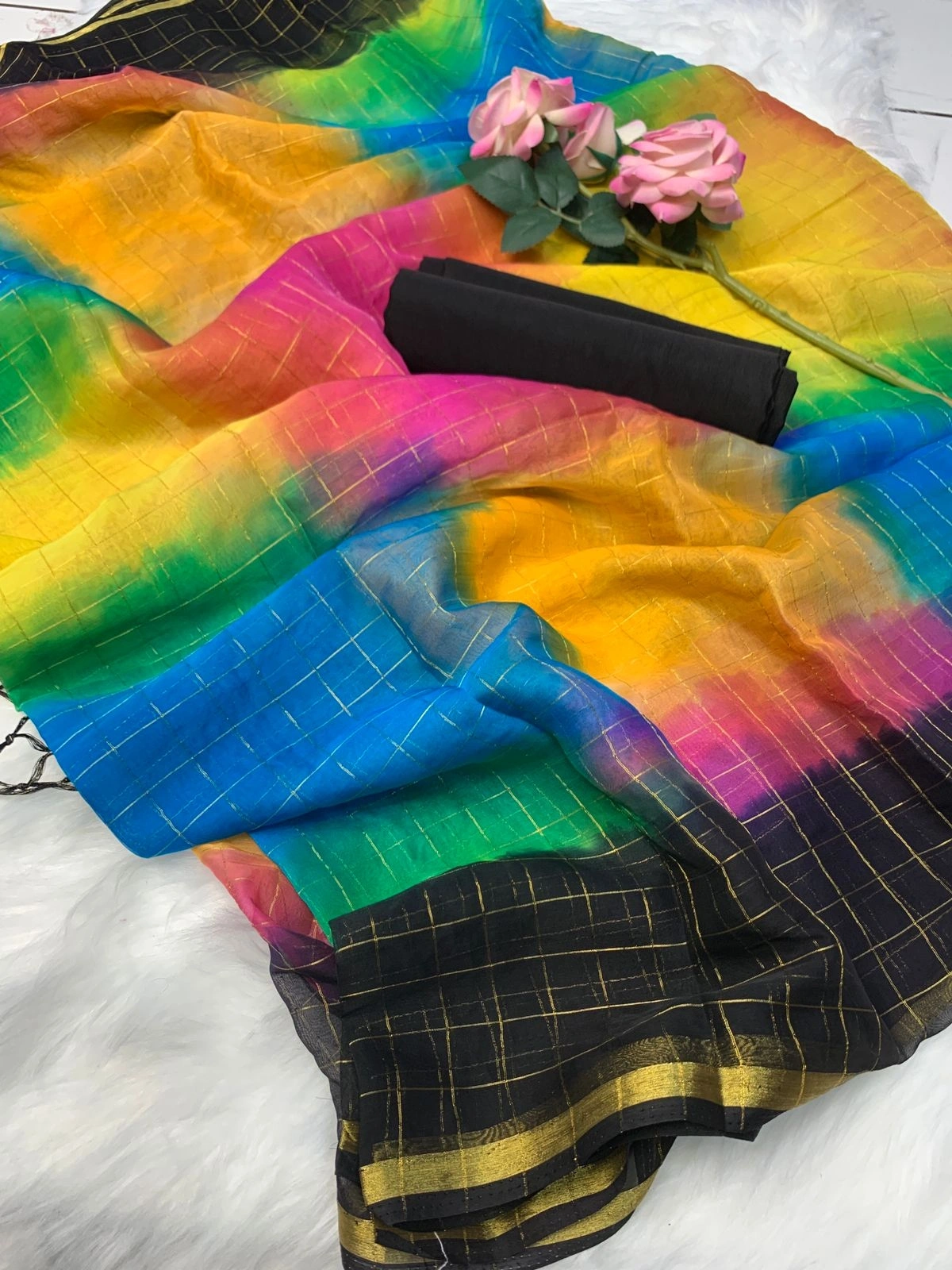 Chiffon Hand Spray Saree with Contrasting Art Silk Blouse - Elegant and Stylish-Yellow-2