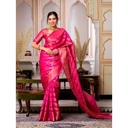 Regal Charm: Pure Organza Saree with Enchanting Tassels and Intricate Brocade