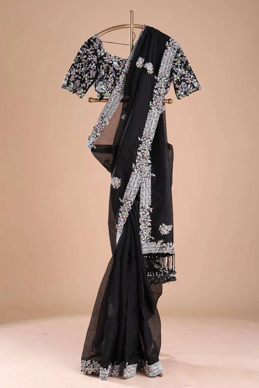 Gorgeous Designer Tibby Silk Saree with Thred Work &amp; Tassels-Black-1