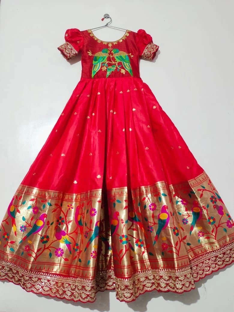 Silk Zari Embroidered Gown: Full Stitched with Flair, 0.1-15yrs-Red-1year-1