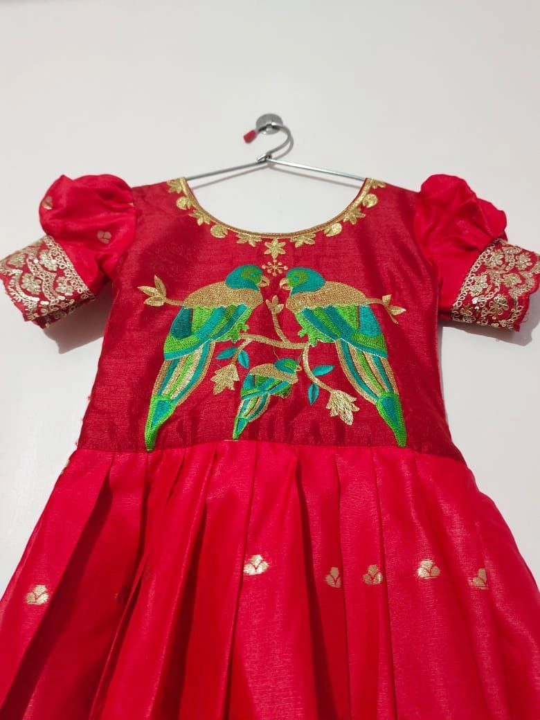 Silk Zari Embroidered Gown: Full Stitched with Flair, 0.1-15yrs-Red-1year-2