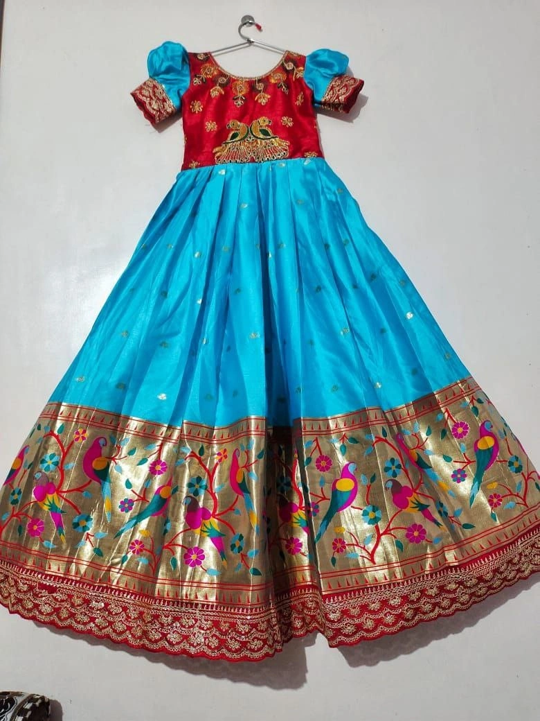 Silk Zari Embroidered Gown: Full Stitched with Flair, 0.1-15yrs-Sky Blue-1year-1