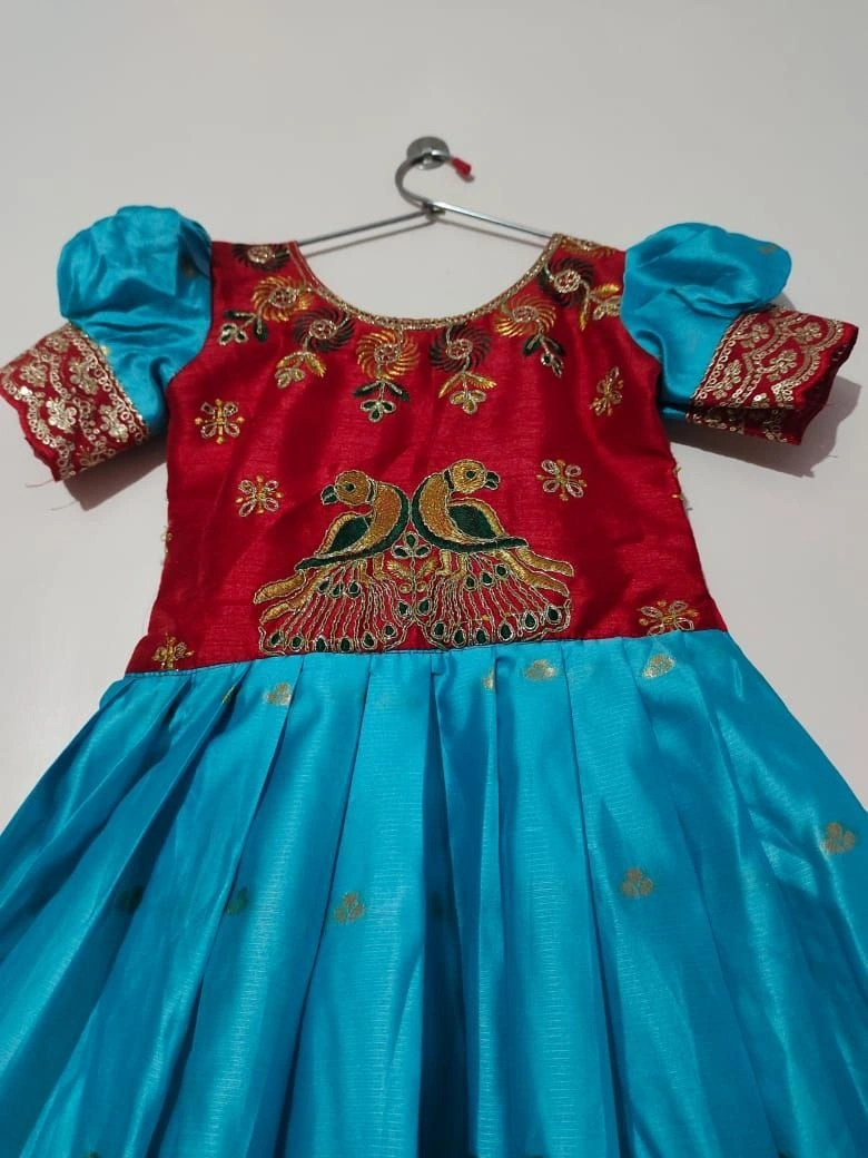 Silk Zari Embroidered Gown: Full Stitched with Flair, 0.1-15yrs-Sky Blue-1year-2