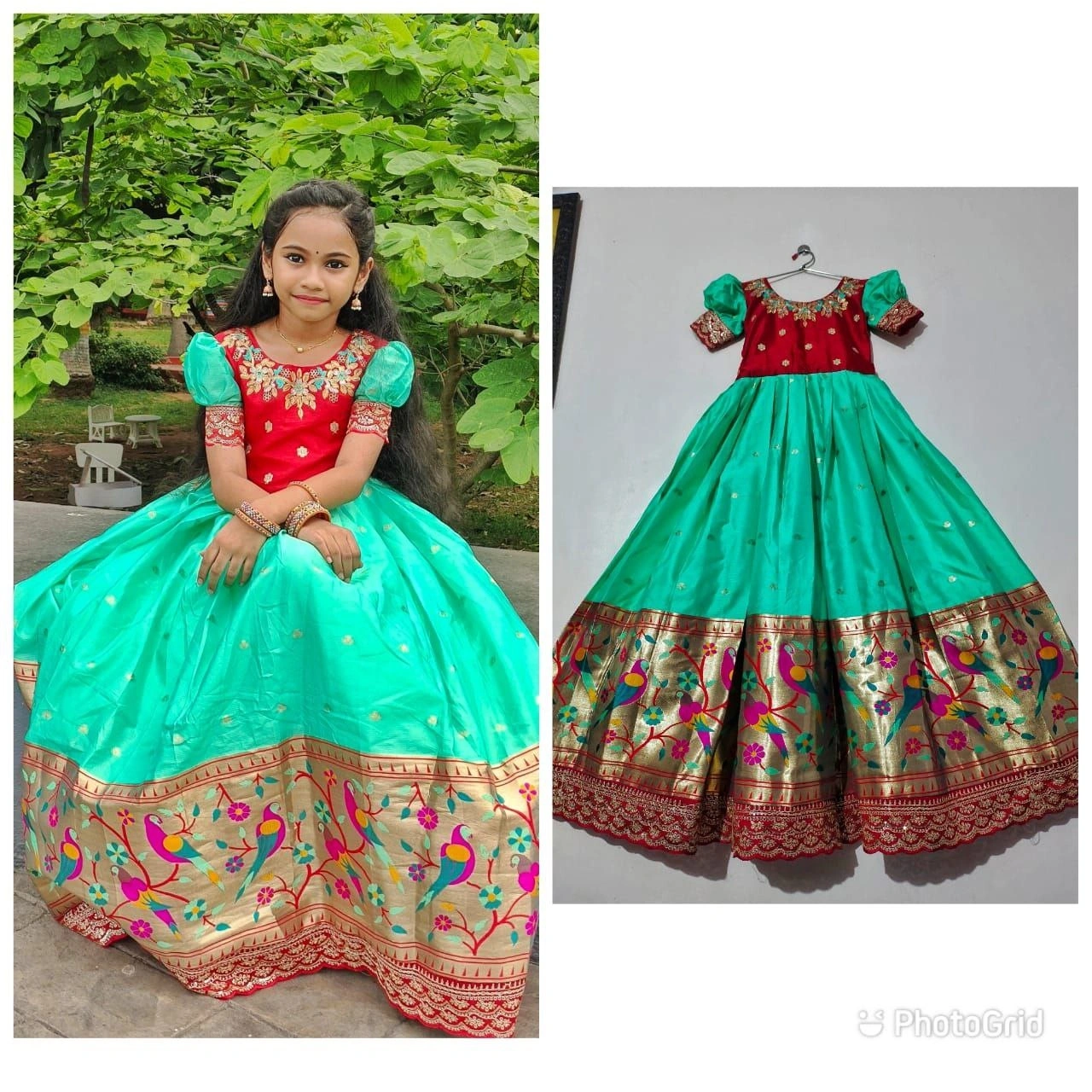 Silk Zari Embroidered Gown: Full Stitched with Flair, 0.1-15yrs-RPVR-08-Green-1y