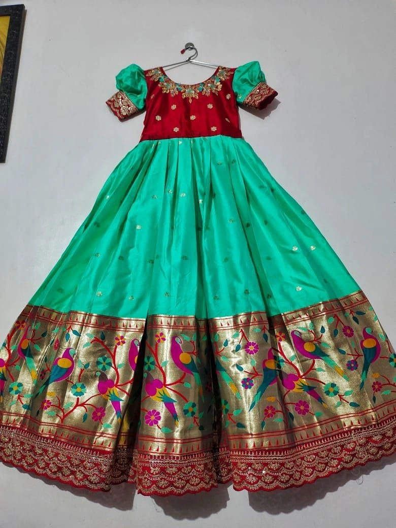 Silk Zari Embroidered Gown: Full Stitched with Flair, 0.1-15yrs-Green-1year-2