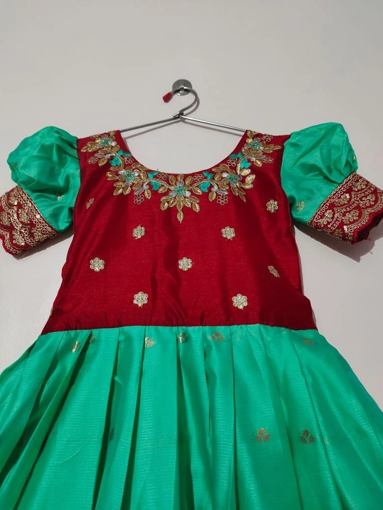 Silk Zari Embroidered Gown: Full Stitched with Flair, 0.1-15yrs-Green-3year-3