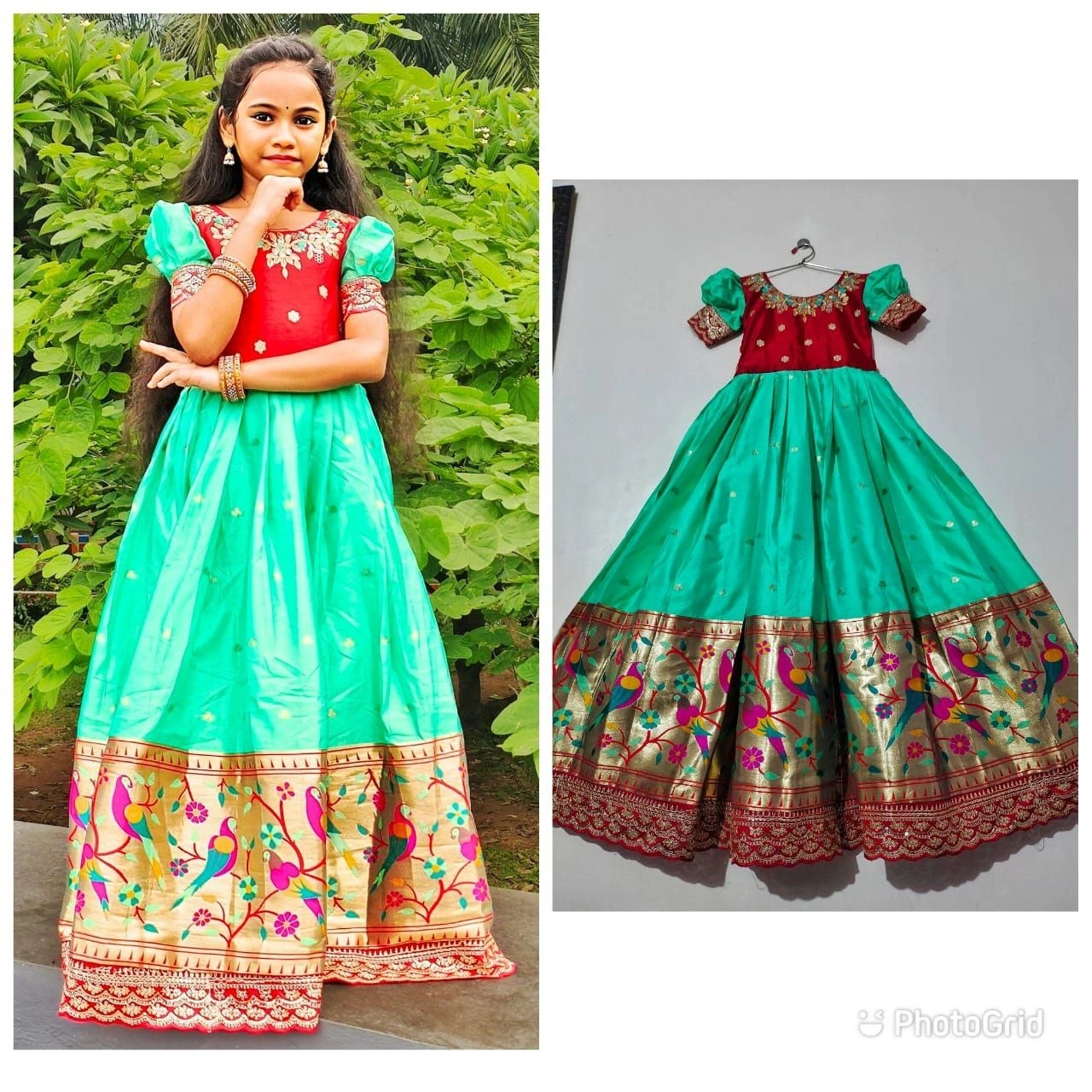 Silk Zari Embroidered Gown: Full Stitched with Flair, 0.1-15yrs-Green-7year-1