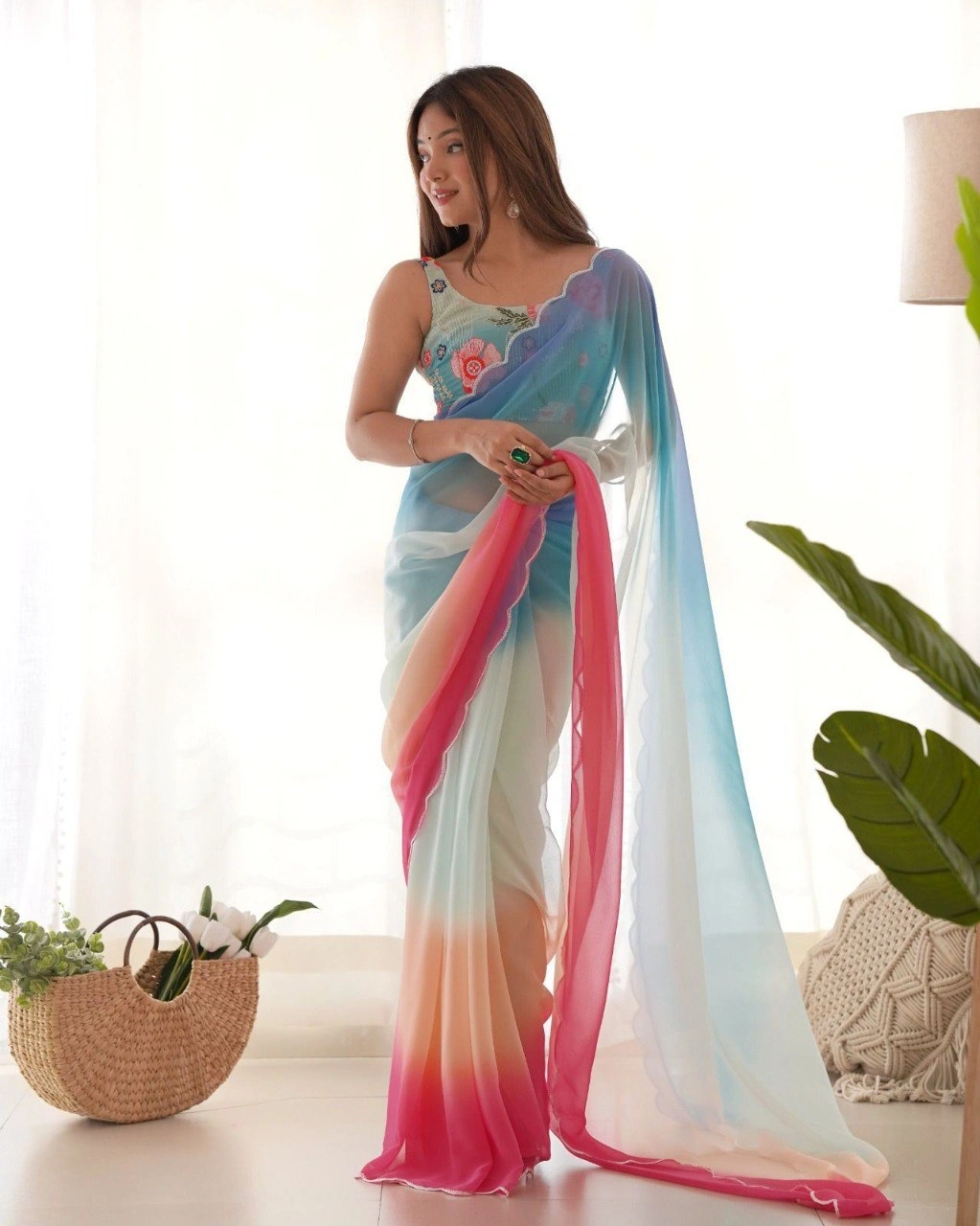 Georgette Saree Collection: Elegant, Sequin-embellished with Designer Blouse-RVR-08-SkyBlue