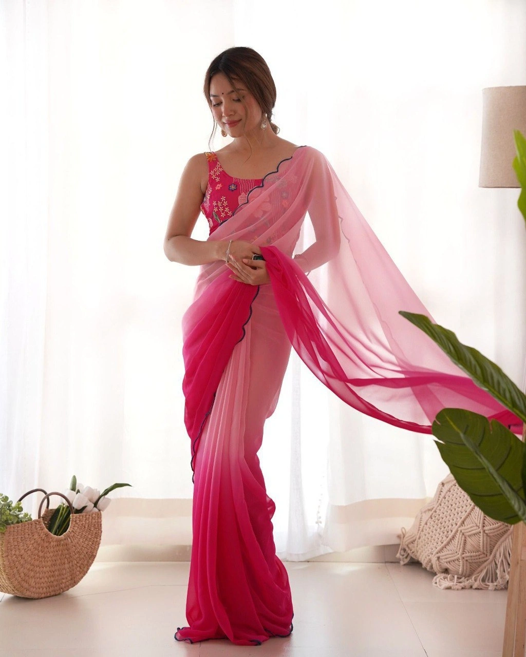 Georgette Saree Collection: Elegant, Sequin-embellished with Designer Blouse-RVR-08-Pink