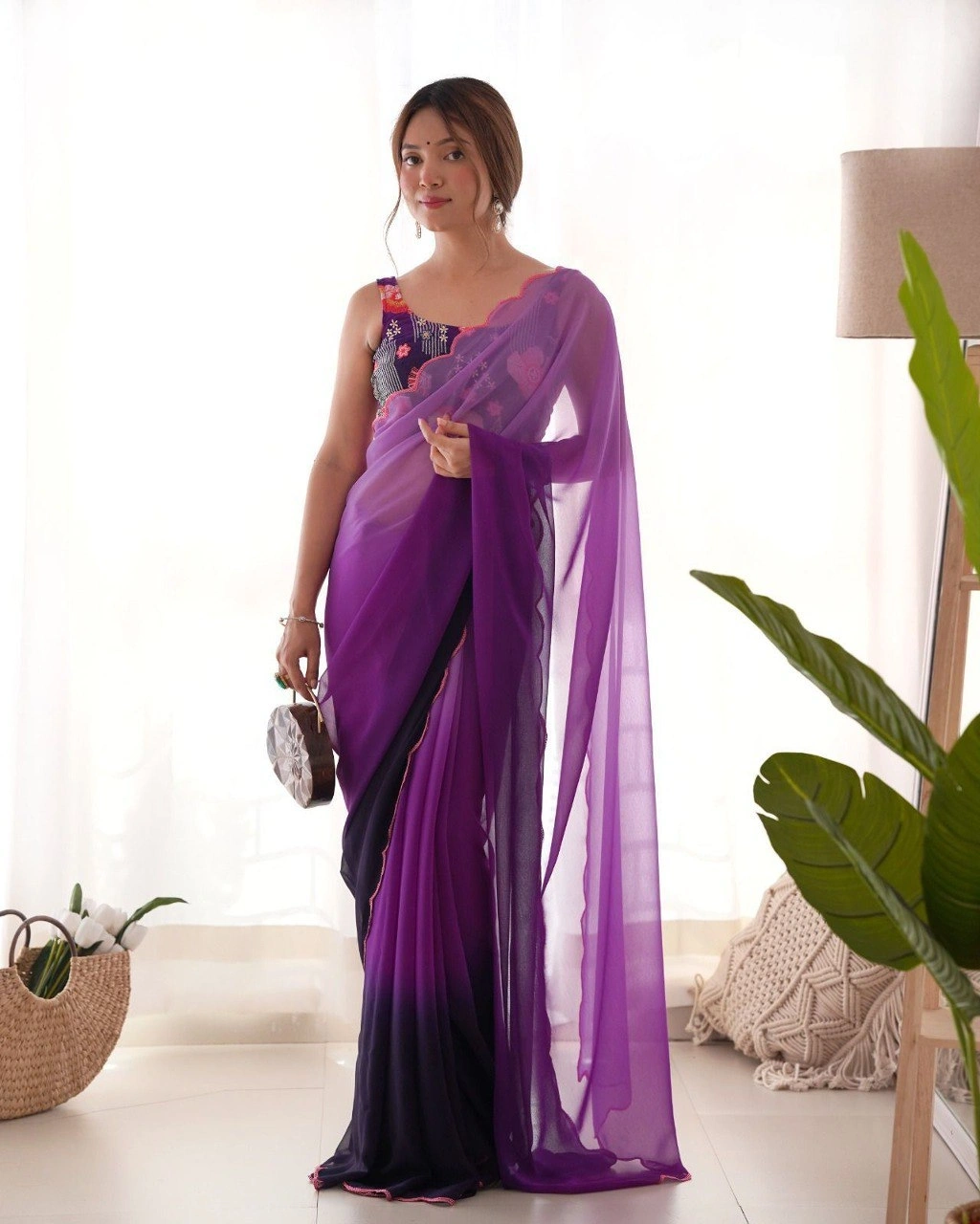 Georgette Saree Collection: Elegant, Sequin-embellished with Designer Blouse-RVR-08-Wine