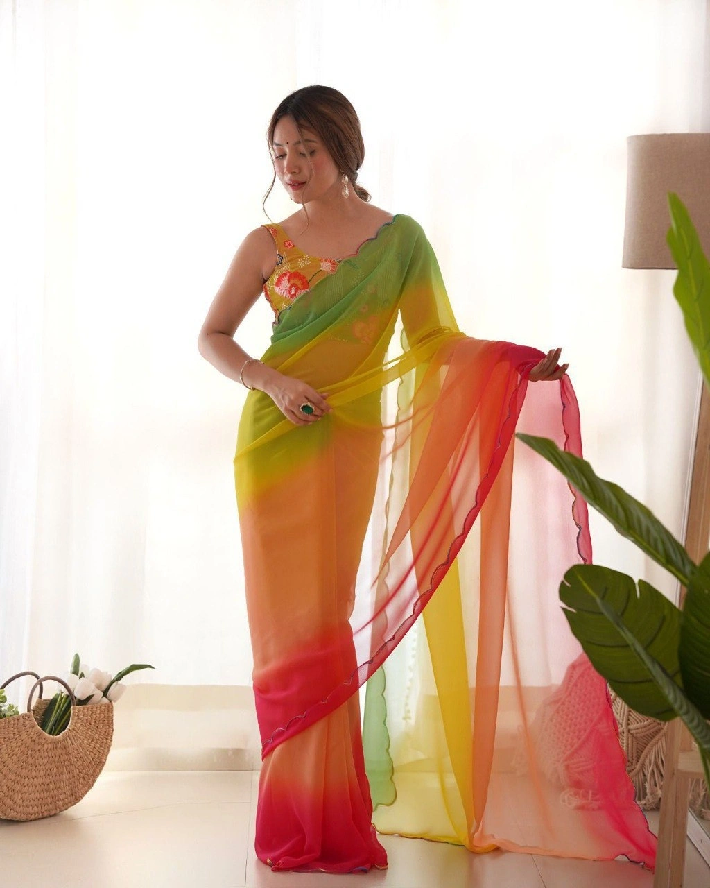 Georgette Saree Collection: Elegant, Sequin-embellished with Designer Blouse-RVR-08-Green