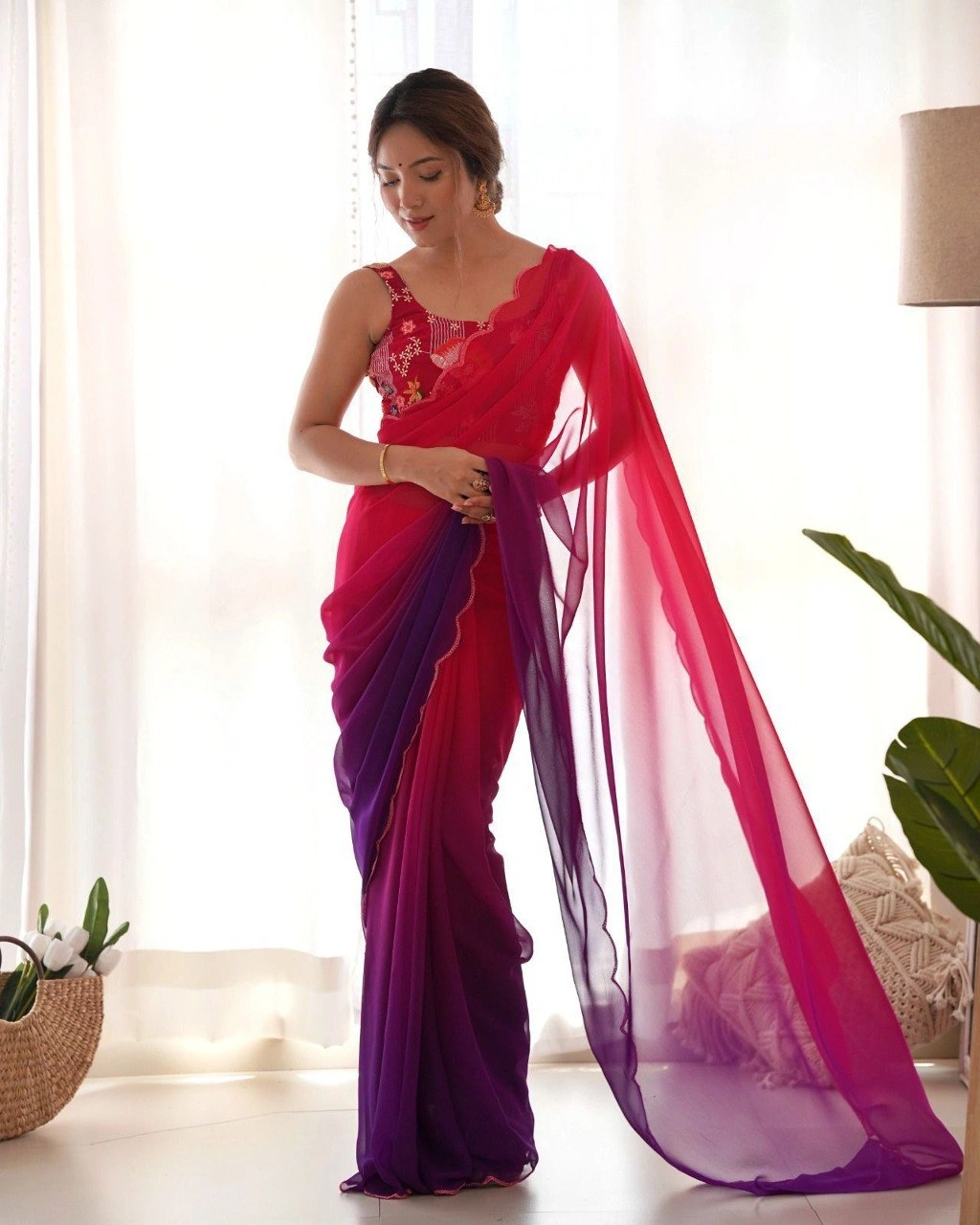 Georgette Saree Collection: Elegant, Sequin-embellished with Designer Blouse-RVR-08-Red