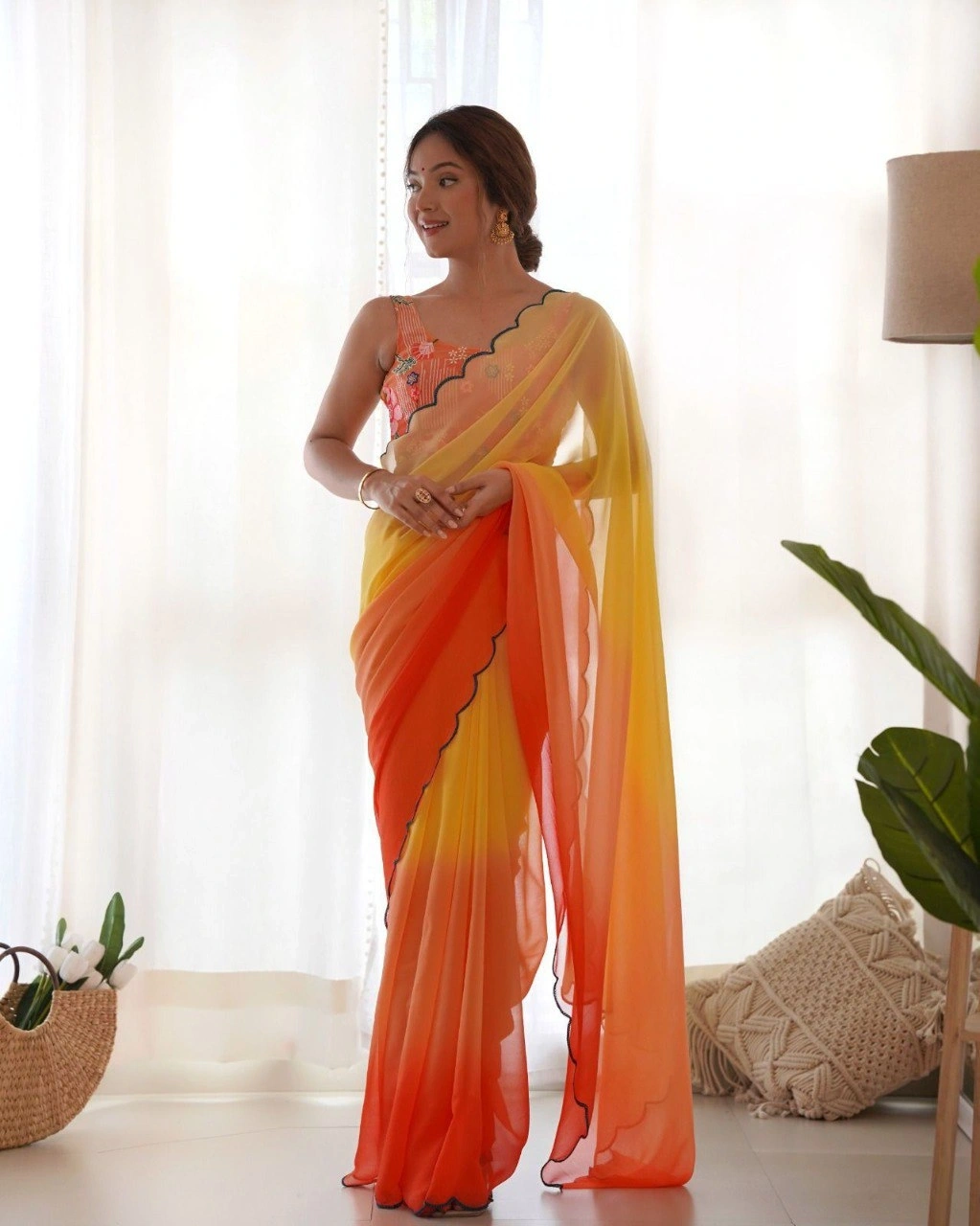 Georgette Saree Collection: Elegant, Sequin-embellished with Designer Blouse-RVR-08-Orange