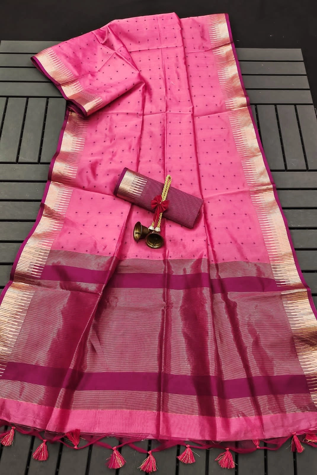 Semi Tussar Silk Saree: Stunning Bandhani Style with Traditional Temple Border-ANT-34-Pink