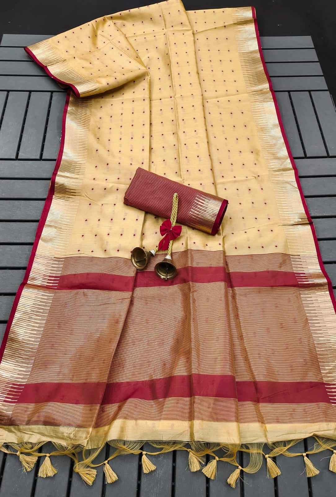 Semi Tussar Silk Saree: Stunning Bandhani Style with Traditional Temple Border-ANT-34-Beige