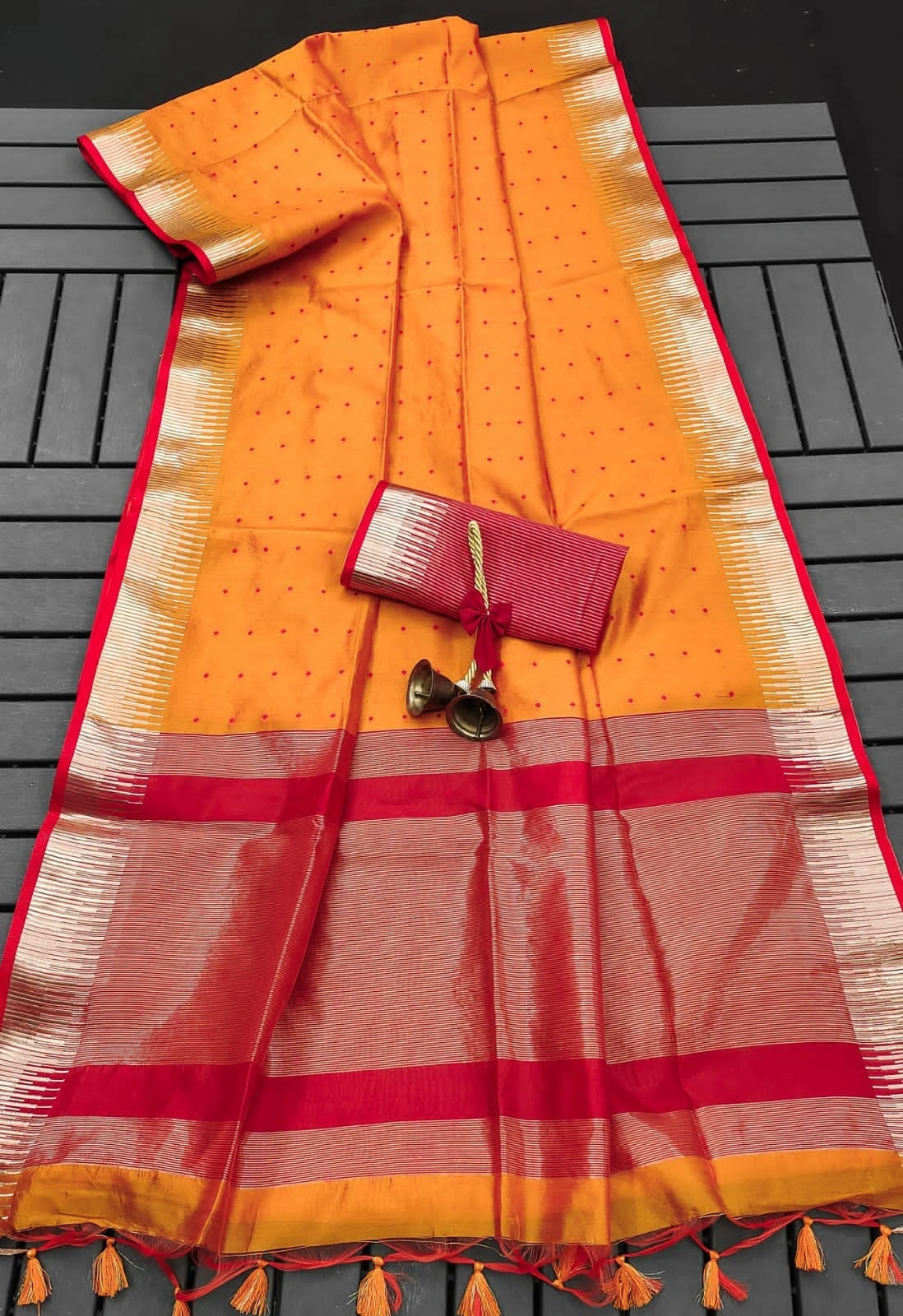 Semi Tussar Silk Saree: Stunning Bandhani Style with Traditional Temple Border-ANT-34-Orange