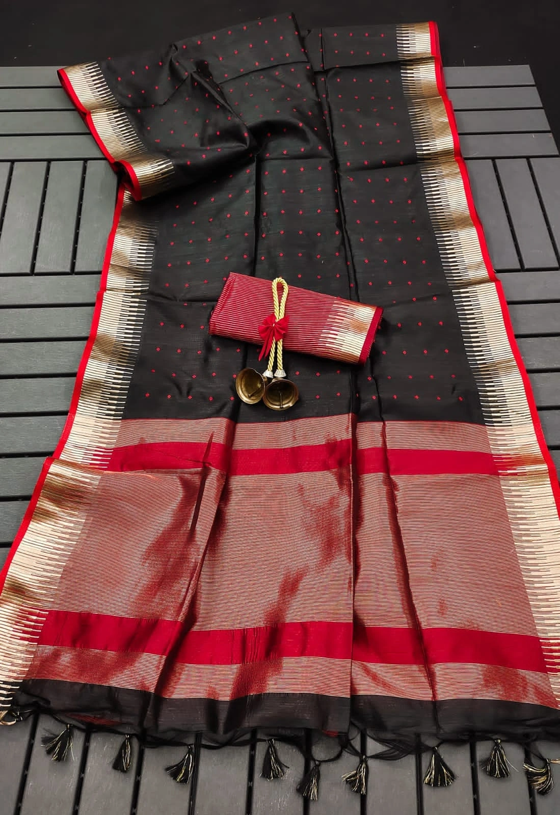 Semi Tussar Silk Saree: Stunning Bandhani Style with Traditional Temple Border-ANT-34-Black