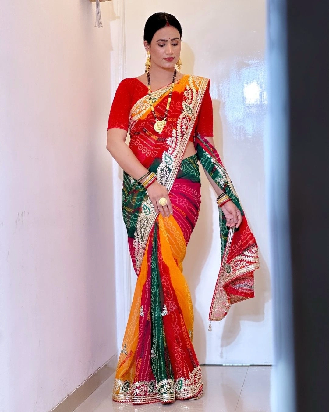 Moss Chiffon Saree with Jaipuri Work and Piping Border-RJK-35-Red