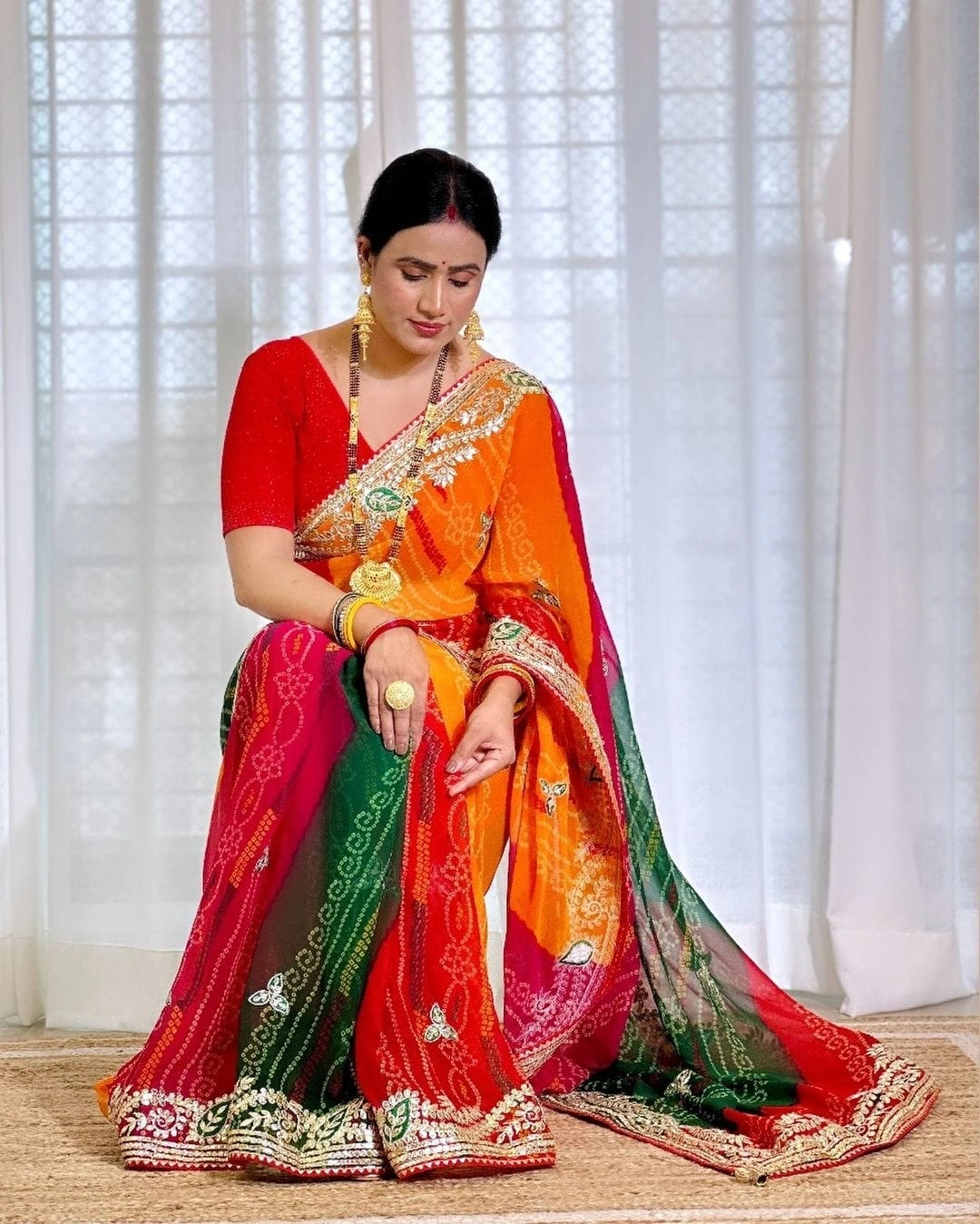 Moss Chiffon Saree with Jaipuri Work and Piping Border-Red-1