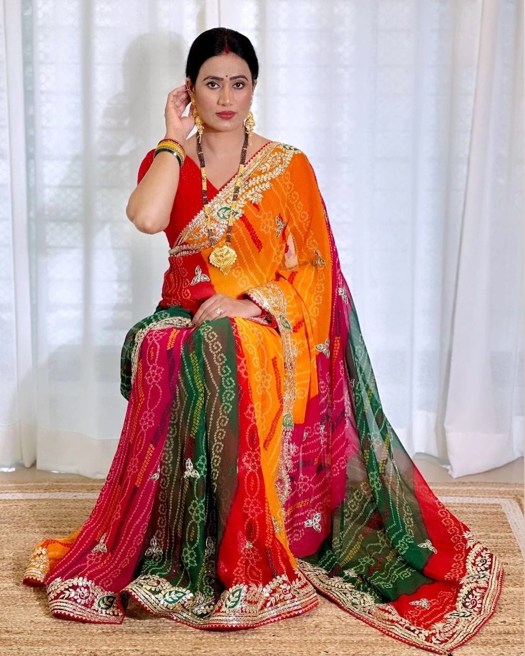 Moss Chiffon Saree with Jaipuri Work and Piping Border-Red-2