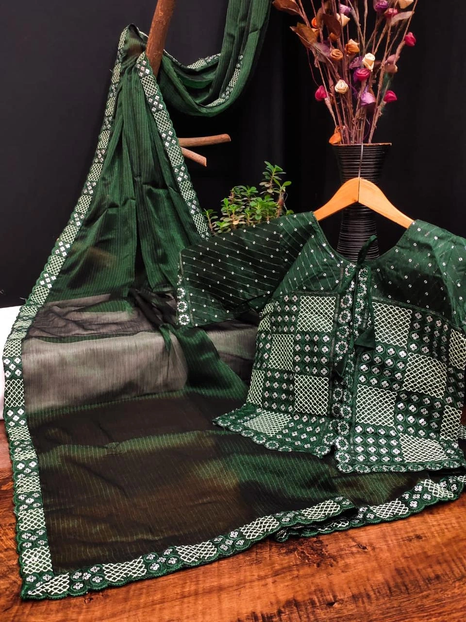 Traditional Fancy Saree: Beautiful Sequence Lace Border with Designer Jacket Style-RJK-40-Green