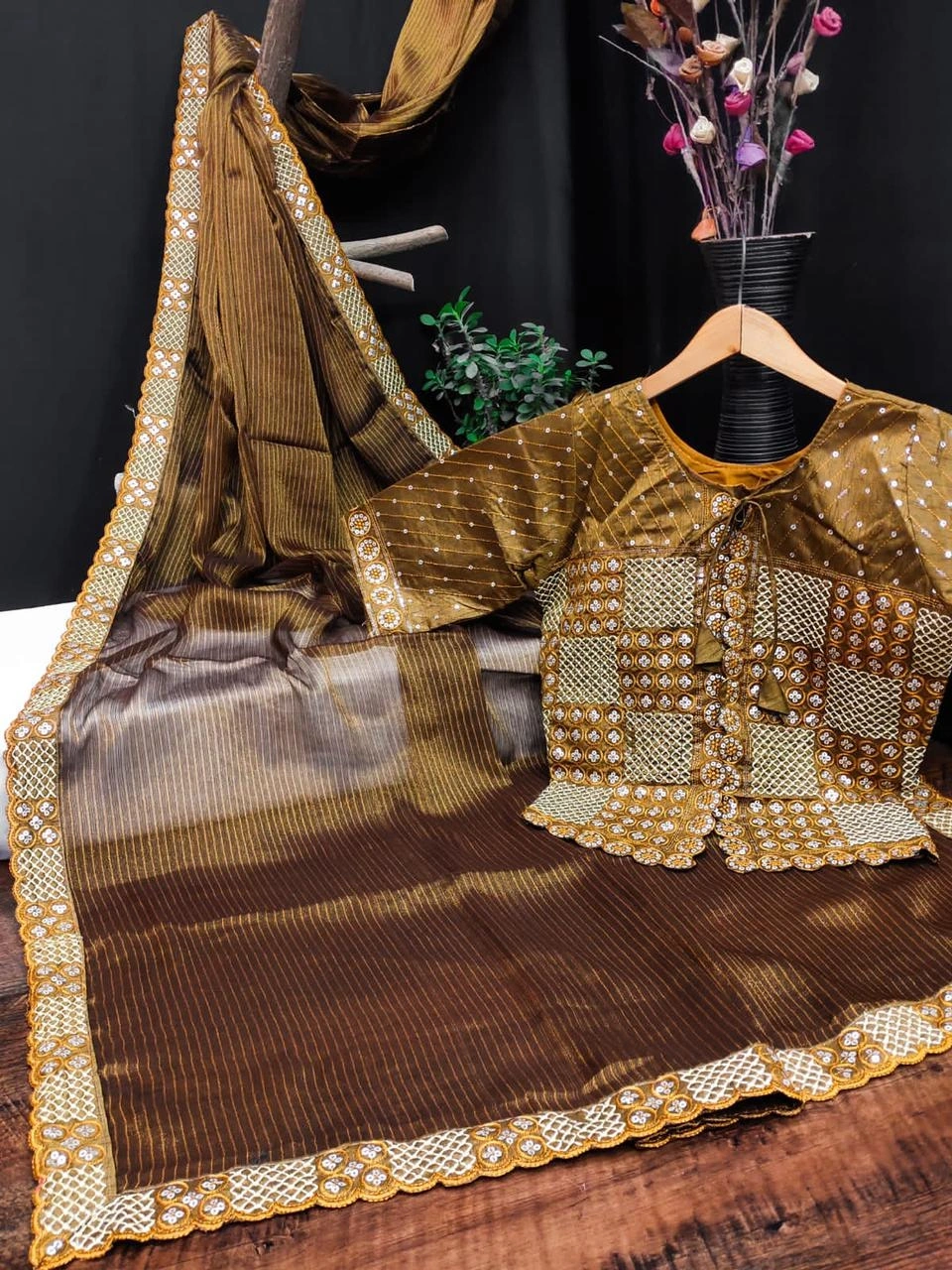 Traditional Fancy Saree: Beautiful Sequence Lace Border with Designer Jacket Style-RJK-40-Brown