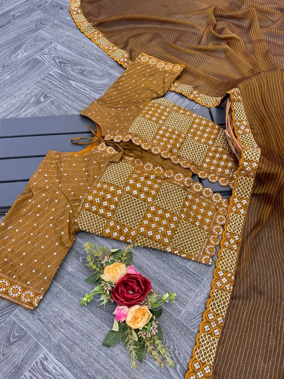 Traditional Fancy Saree: Beautiful Sequence Lace Border with Designer Jacket Style-Brown-1