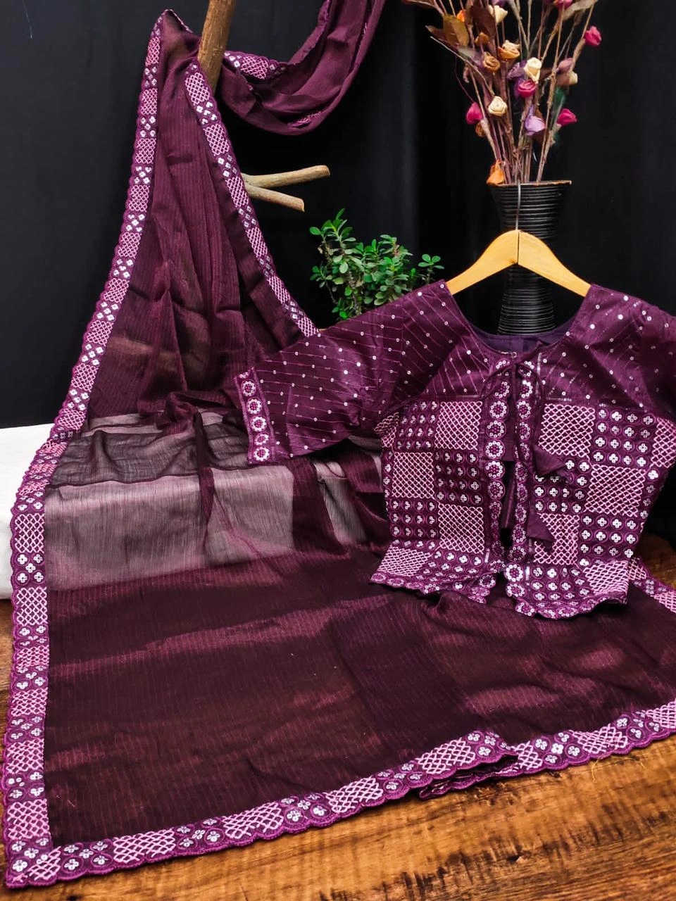 Traditional Fancy Saree: Beautiful Sequence Lace Border with Designer Jacket Style-RJK-40-Wine