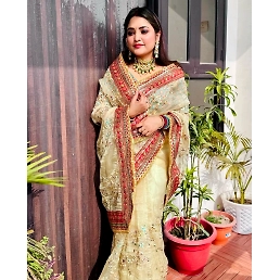 Golden Lace Border Silk Saree with Multicolor Sequins &amp; Embroidery