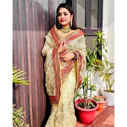 YNF Golden Lace Border Silk Saree with Multicolor Sequins & Embroidery
