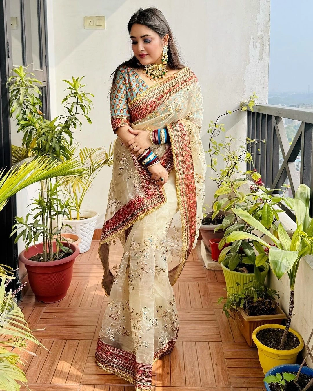 Golden Lace Border Silk Saree with Multicolor Sequins &amp; Embroidery-Beige-1