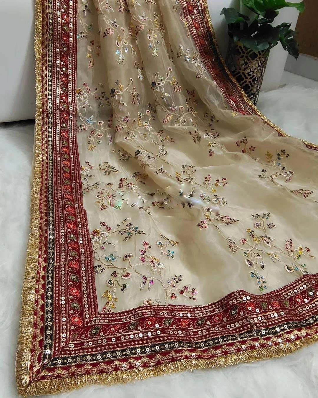 Golden Lace Border Silk Saree with Multicolor Sequins &amp; Embroidery-Beige-3