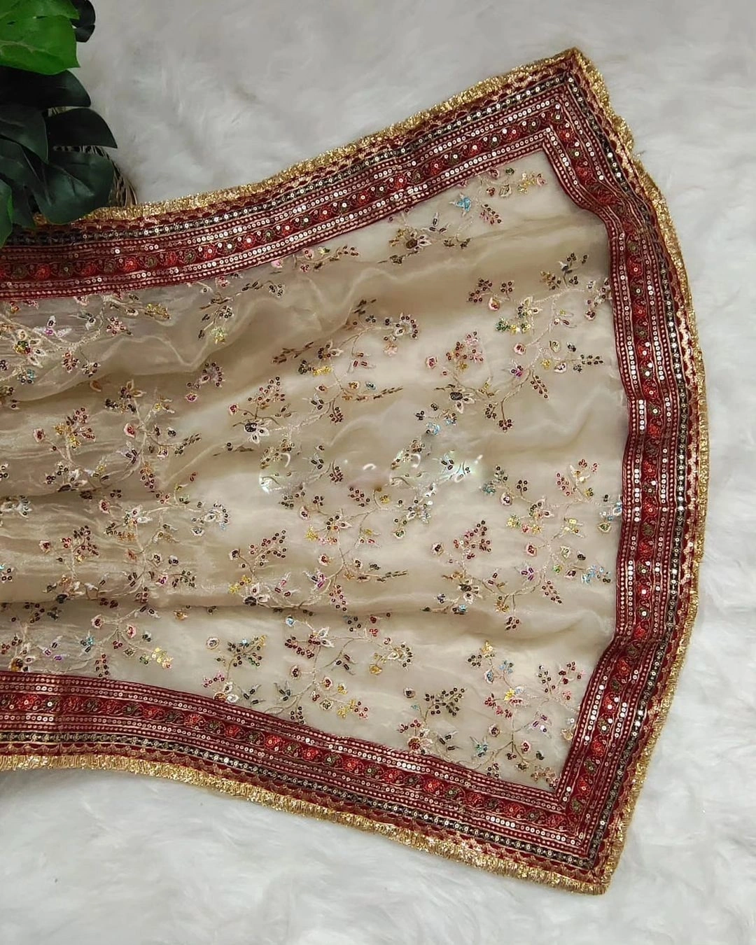 Golden Lace Border Silk Saree with Multicolor Sequins &amp; Embroidery-Beige-4