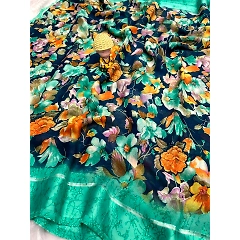 Vibrant Flower Print Saree with Satin Patta and Contrast Blouse