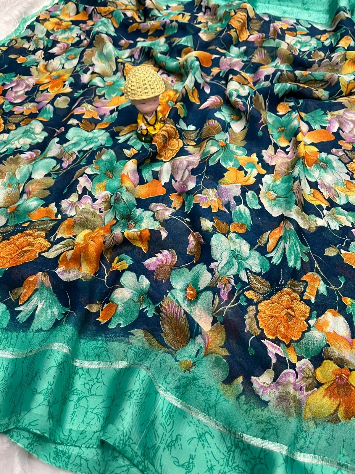 Vibrant Flower Print Saree with Satin Patta and Contrast Blouse-Rama-1