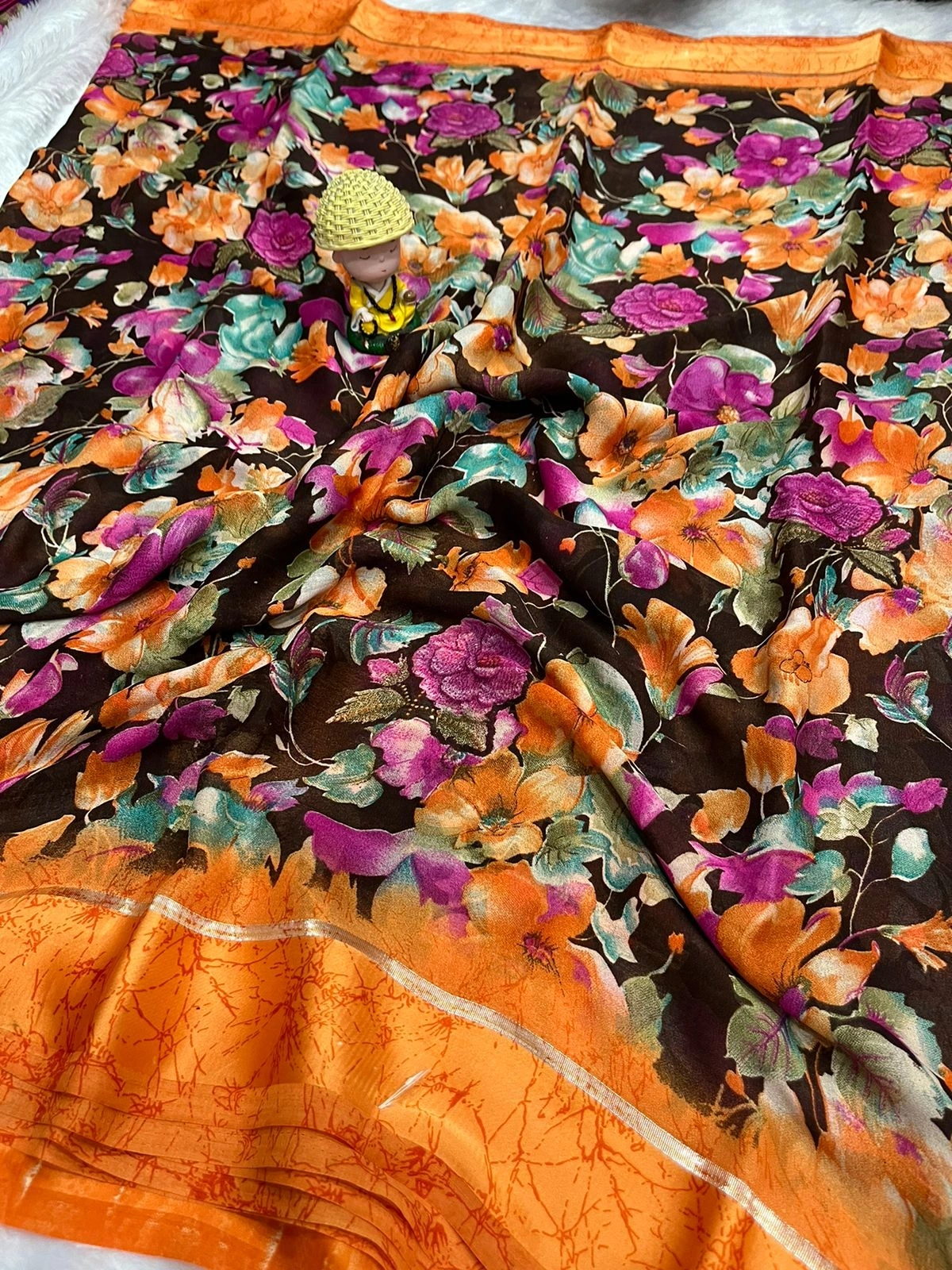 Vibrant Flower Print Saree with Satin Patta and Contrast Blouse-Orange-1