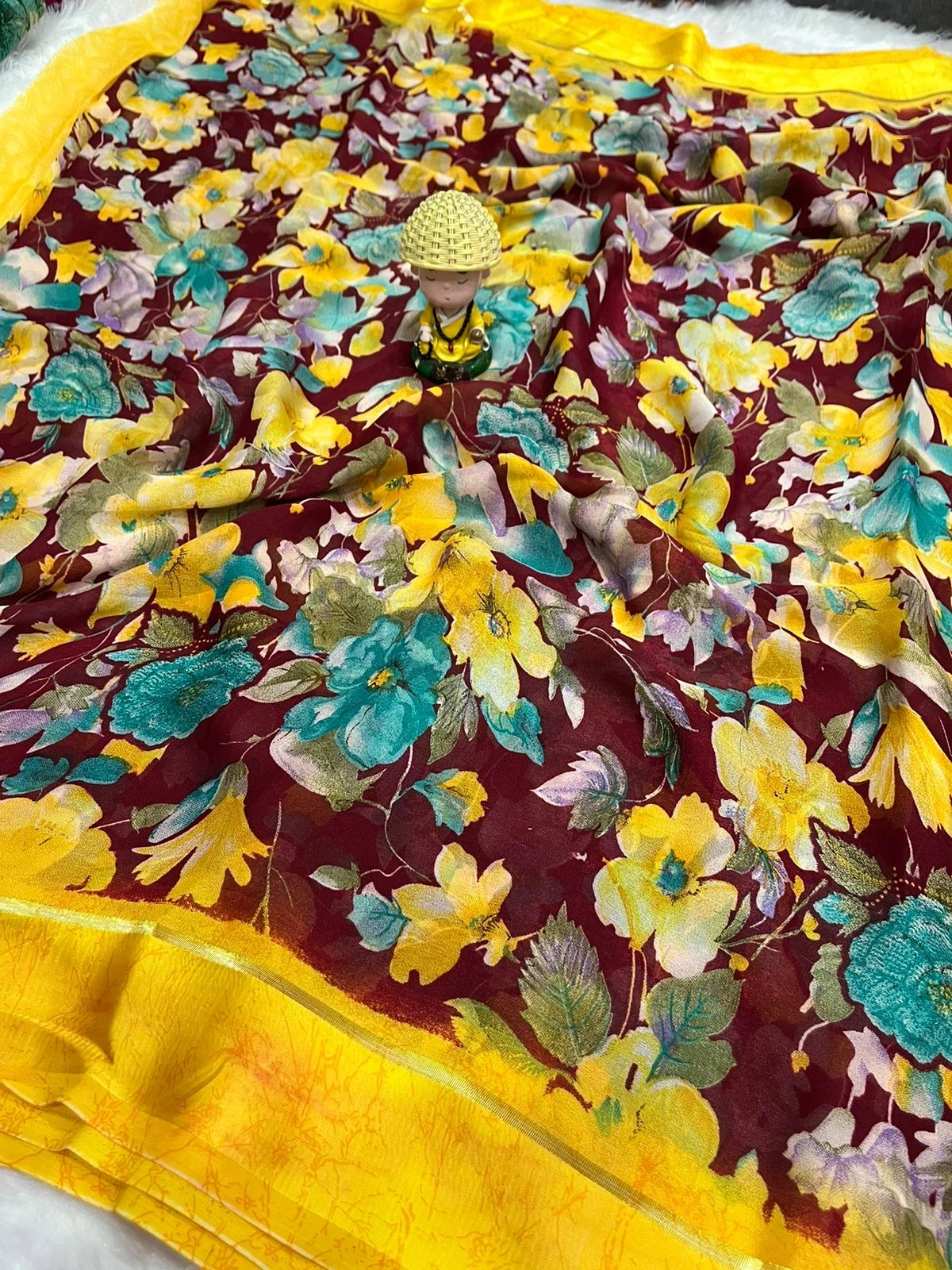 Vibrant Flower Print Saree with Satin Patta and Contrast Blouse-RKC-33-Yellow