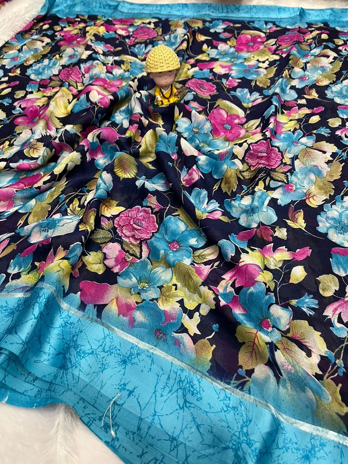 Vibrant Flower Print Saree with Satin Patta and Contrast Blouse-Firozi-1