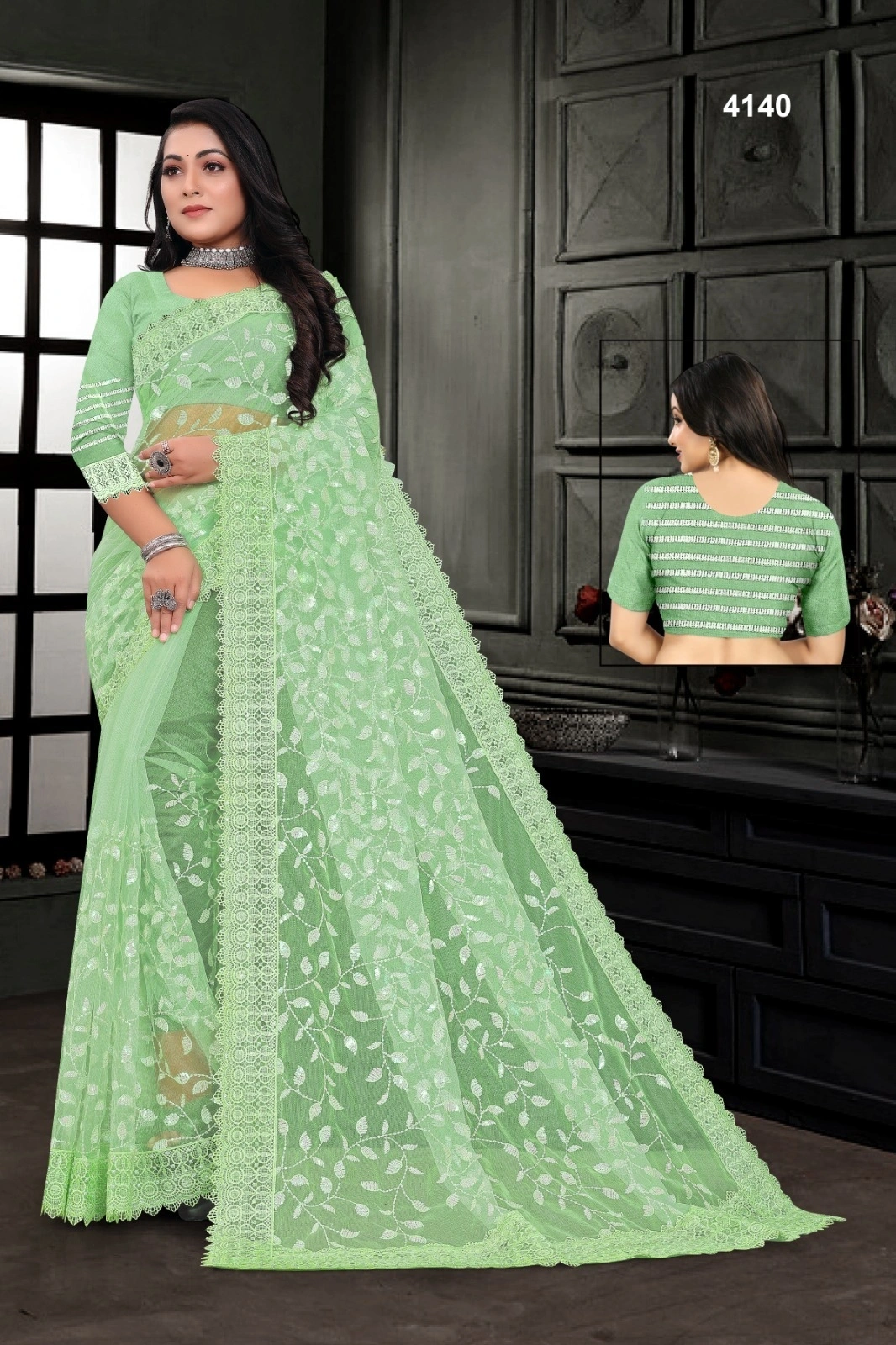 Full Sequnce Work Saree with Soft Net Blouse-RSRM-4140-Green