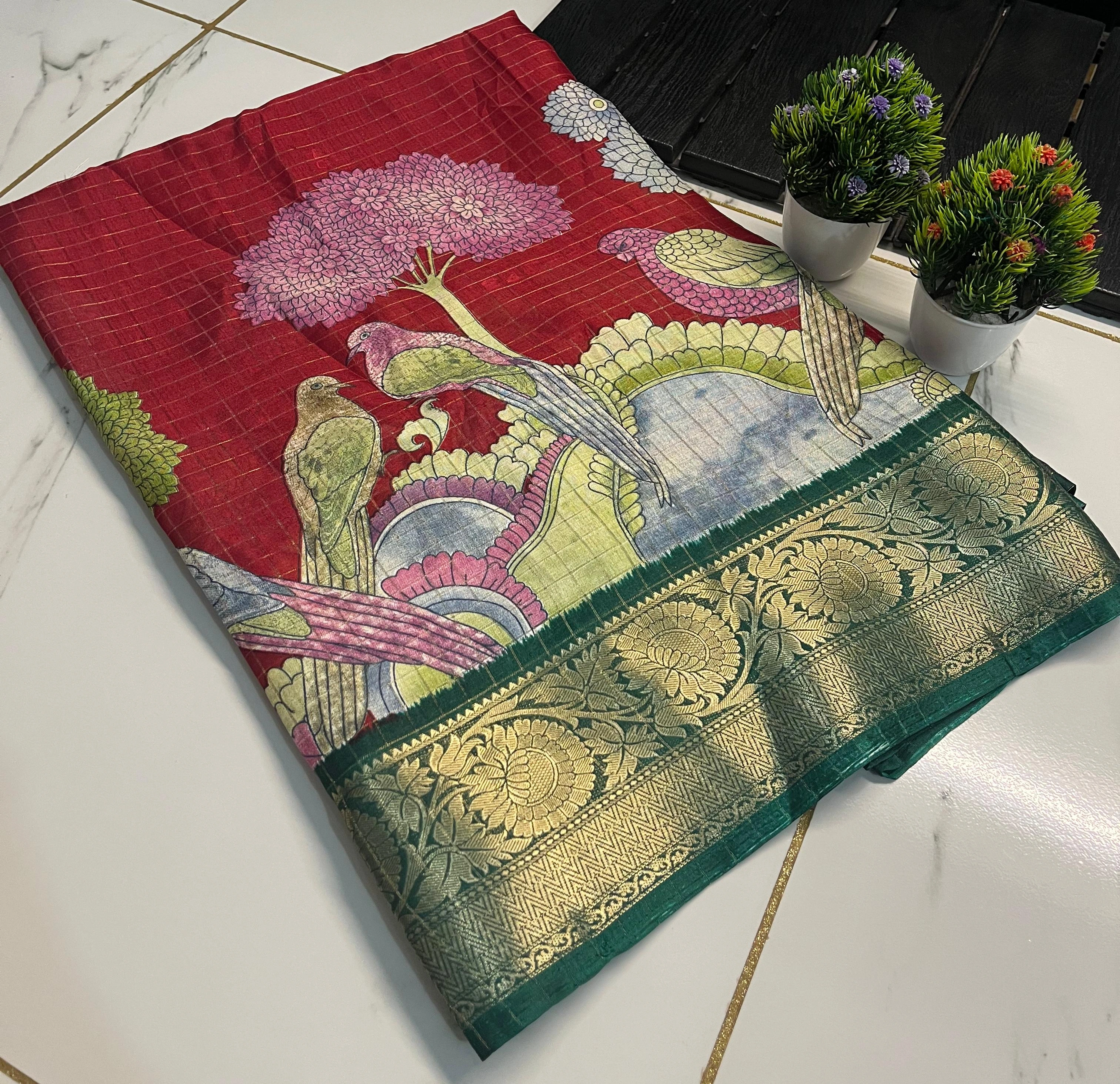 Antique-Inspired Dola Silk Saree: 7 Colors Available-Red-1