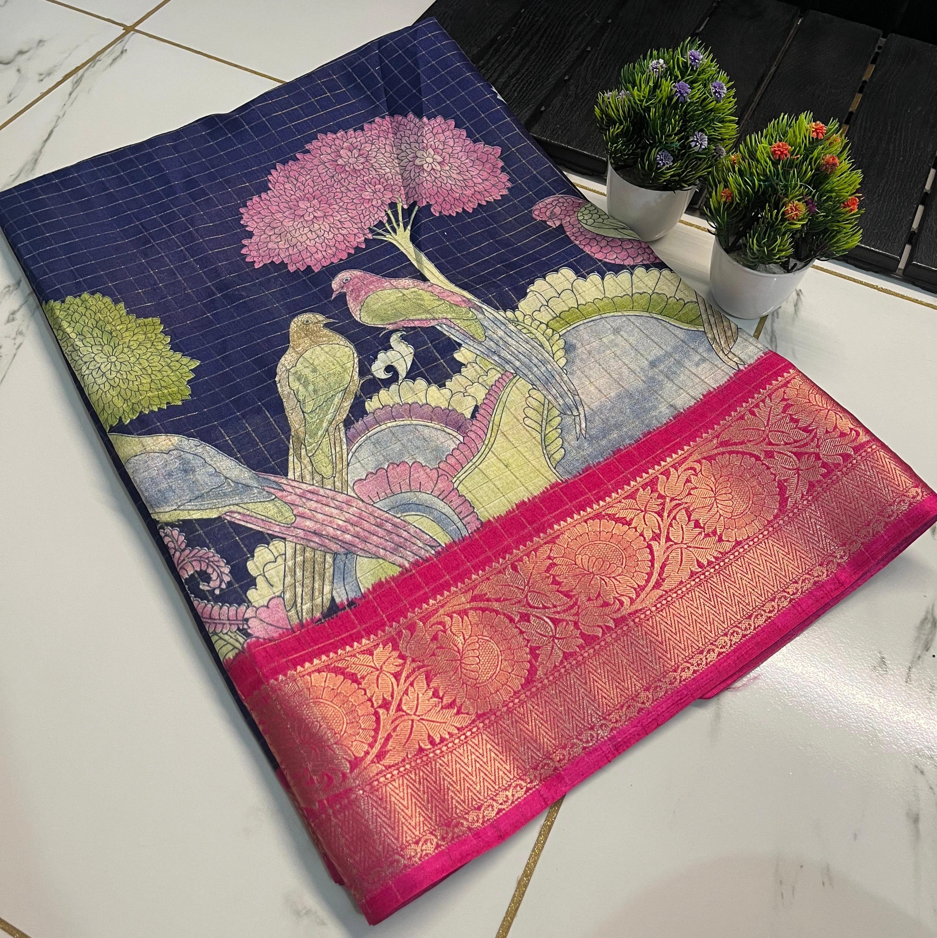 Antique-Inspired Dola Silk Saree: 7 Colors Available-Blue-2