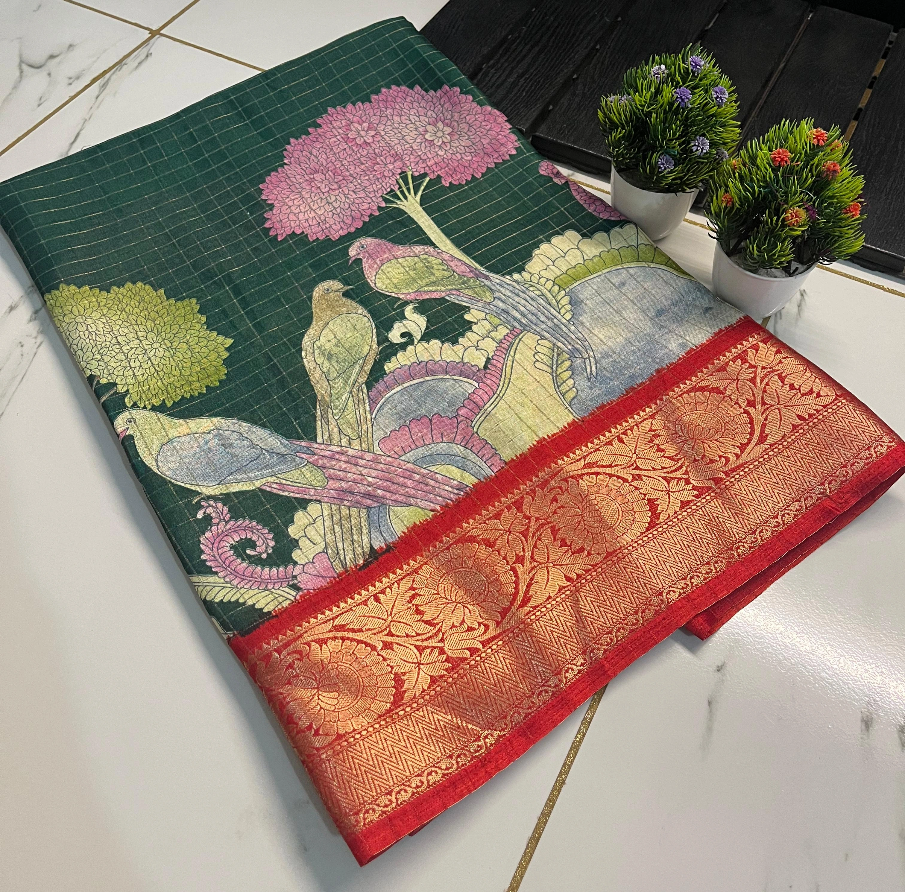 Antique-Inspired Dola Silk Saree: 7 Colors Available-RWC-44-DarkGreen