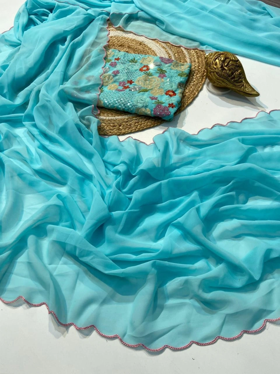 Smooth Georgette Saree with Aari Border &amp; Embroidered Blouse-KSF-3-SkyBlue