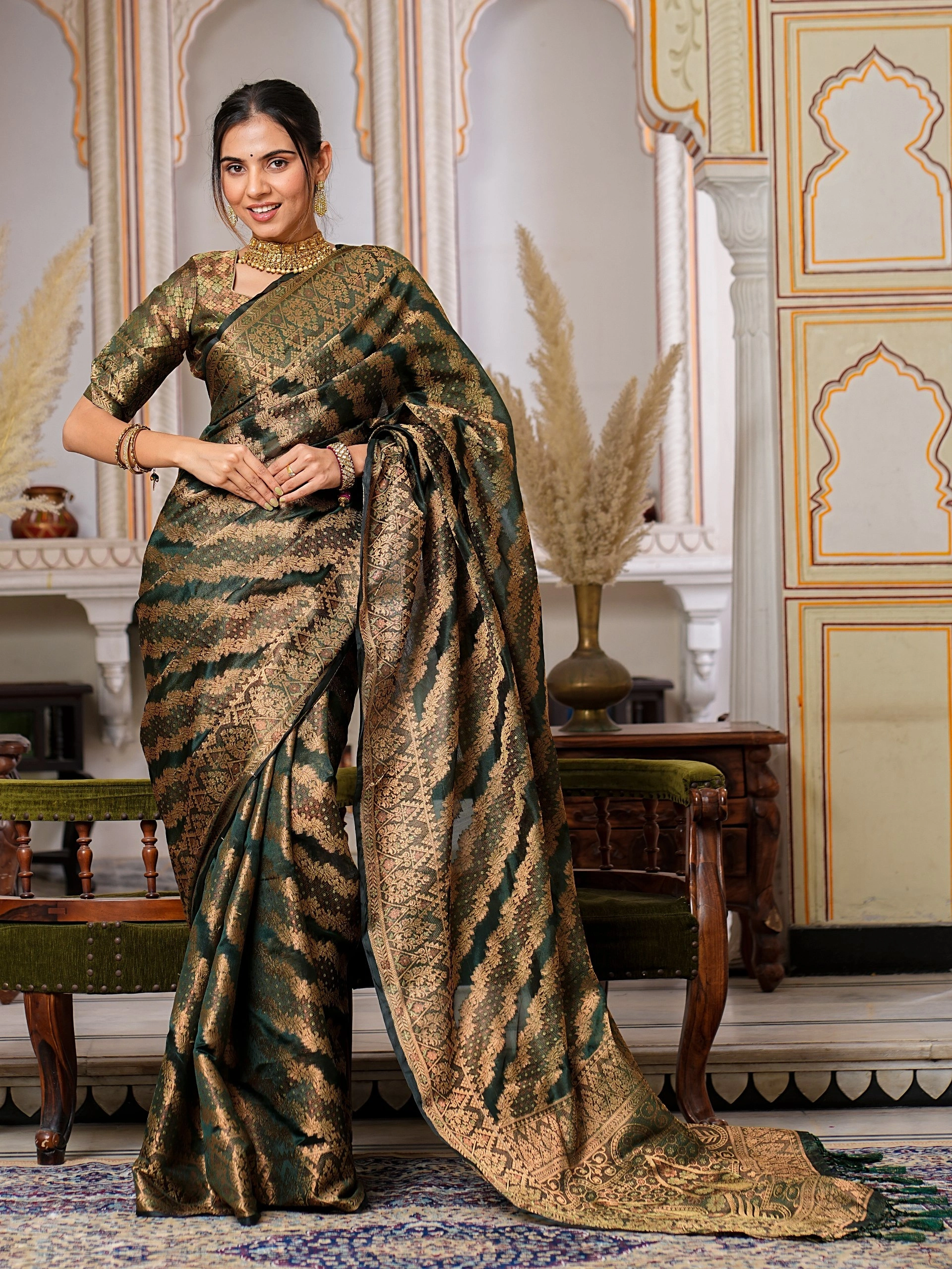 Regal Charm Pure Organza Saree with Enchanting Tassels-Grey-1