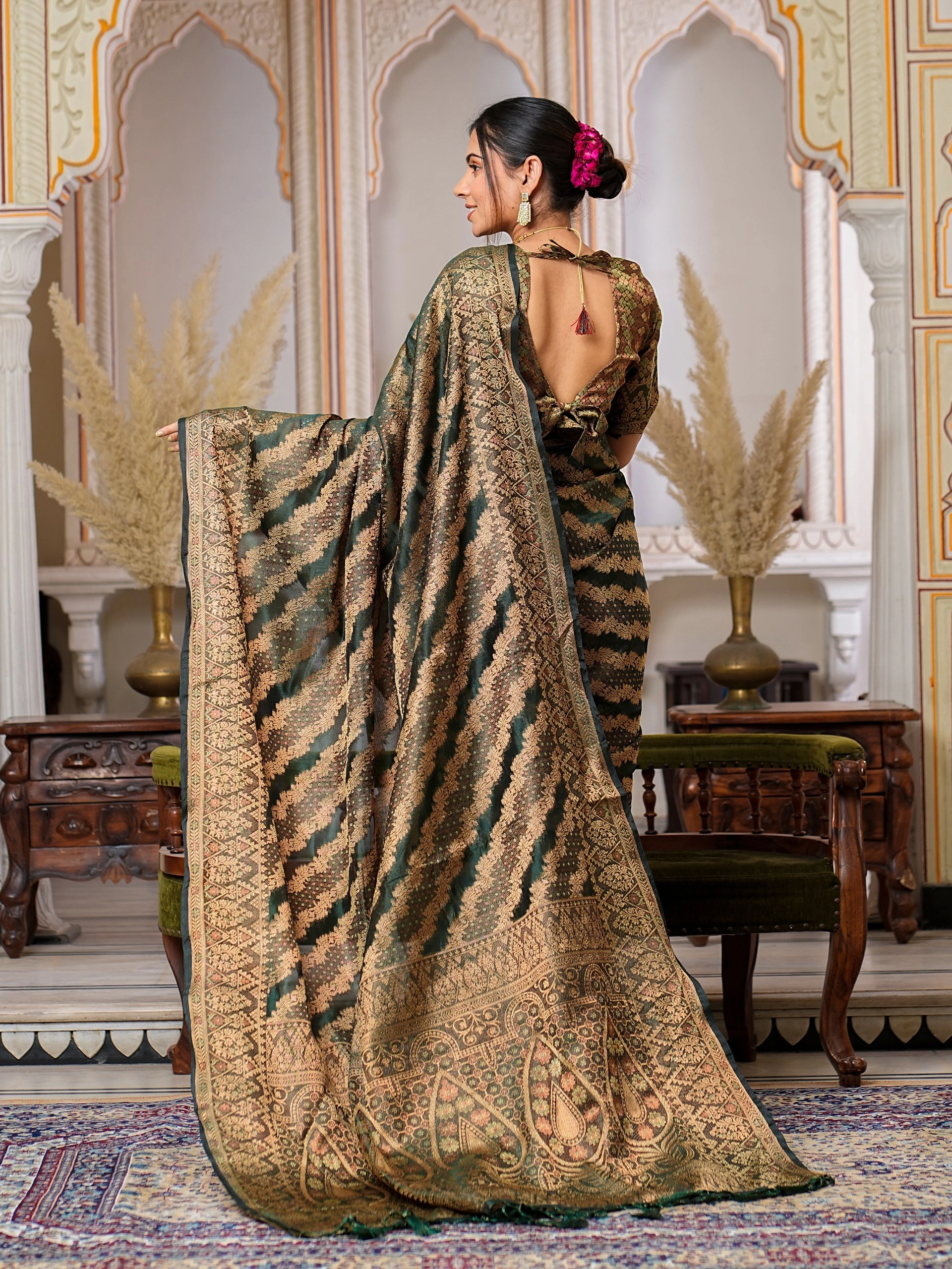 Regal Charm Pure Organza Saree with Enchanting Tassels-Grey-5