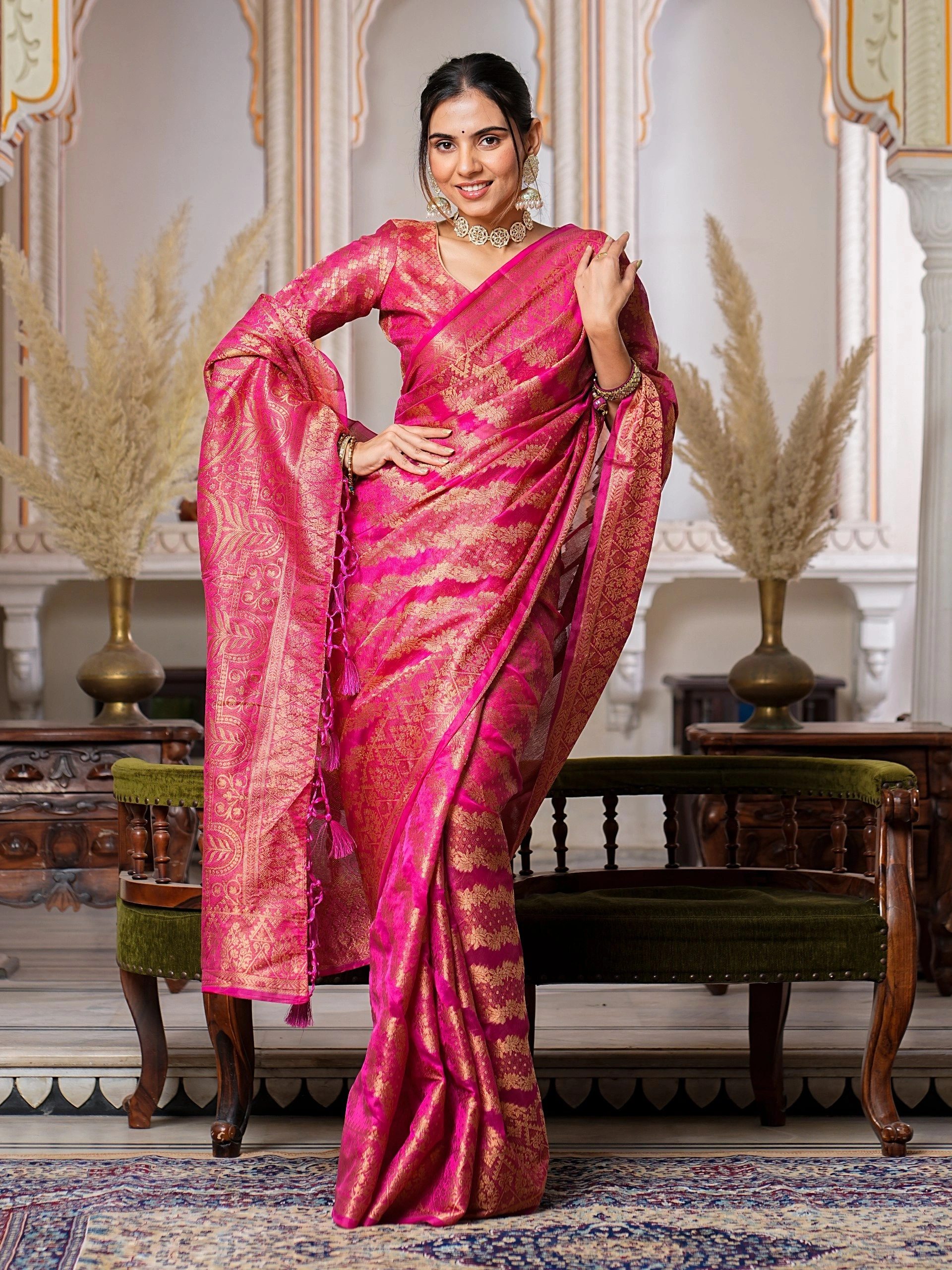 Regal Charm Pure Organza Saree with Enchanting Tassels-RAL-1002-Pink