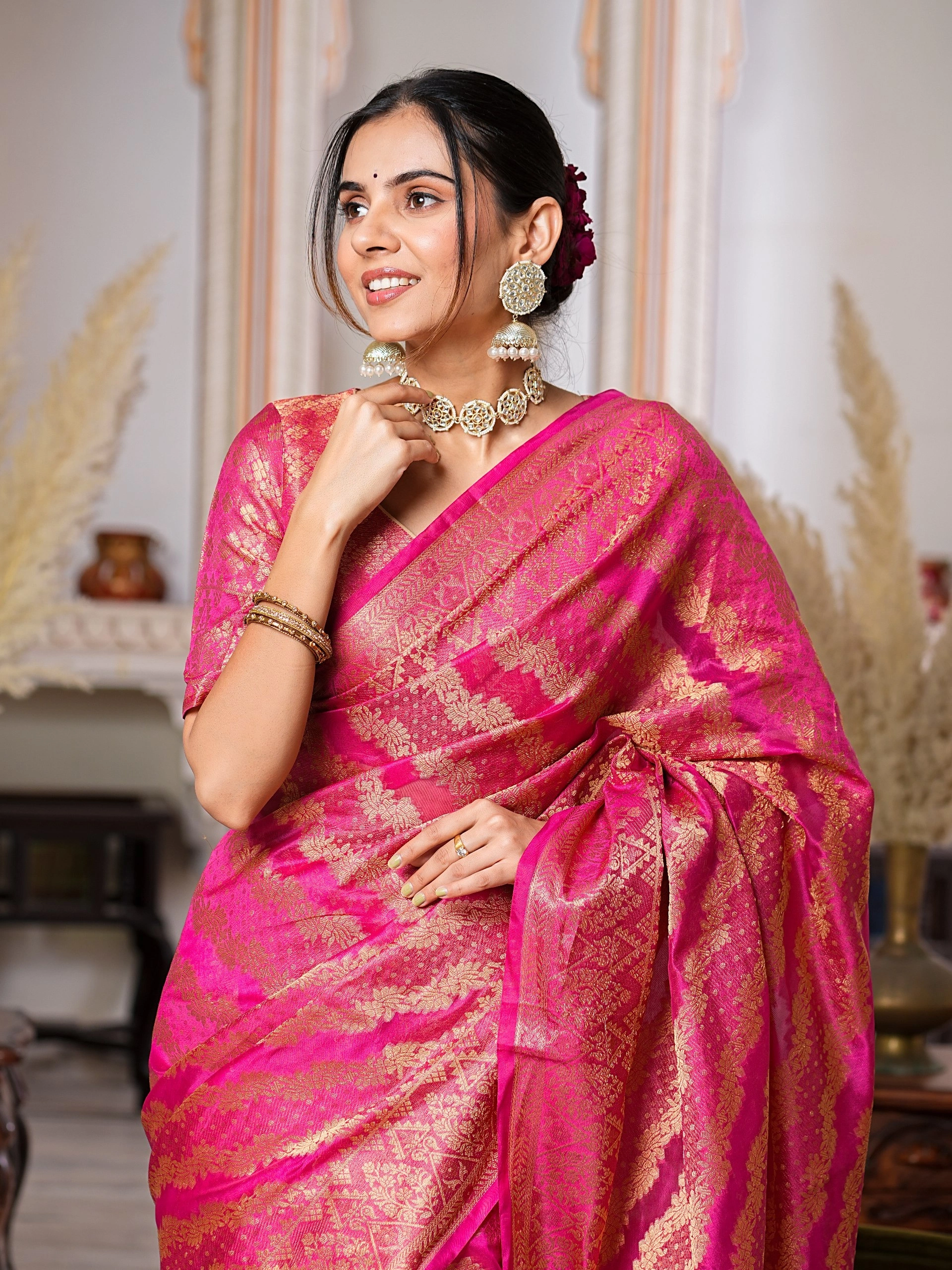 Regal Charm Pure Organza Saree with Enchanting Tassels-Pink-1