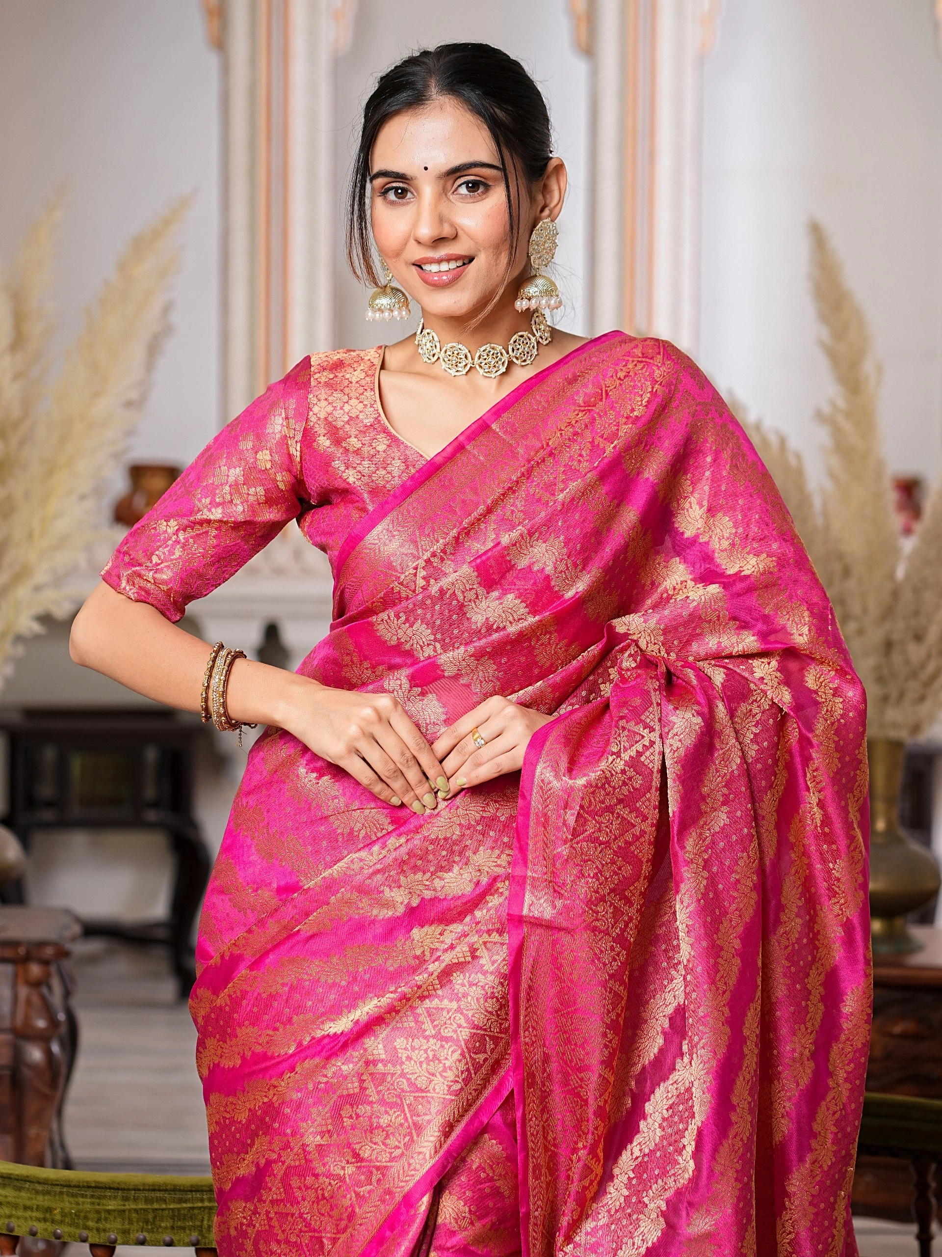 Regal Charm Pure Organza Saree with Enchanting Tassels-Pink-2