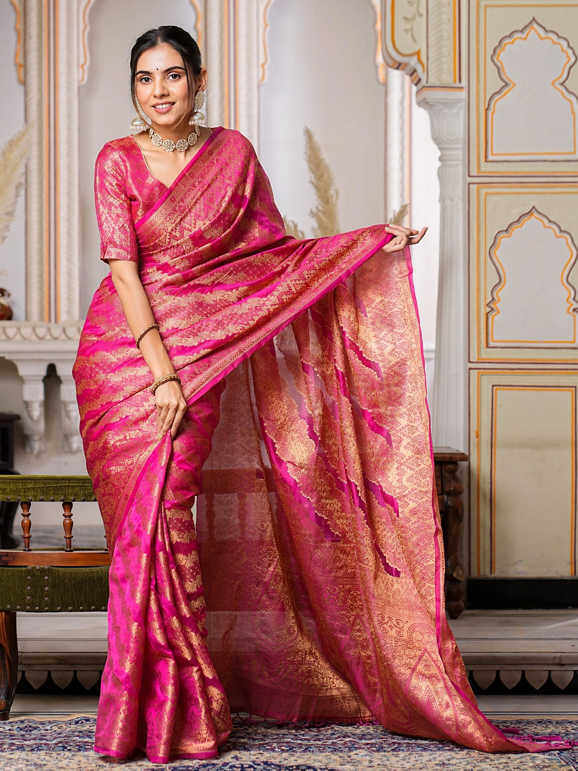 Regal Charm Pure Organza Saree with Enchanting Tassels-Pink-3