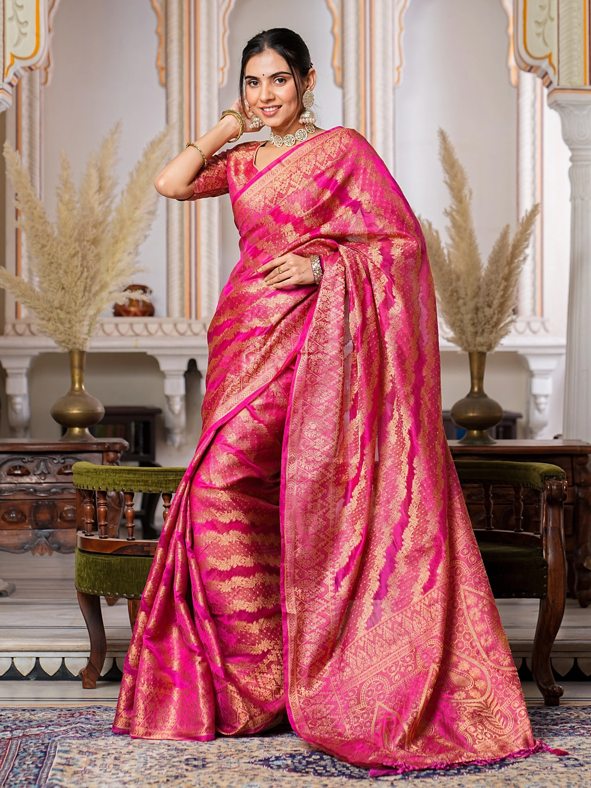 Regal Charm Pure Organza Saree with Enchanting Tassels-Pink-4